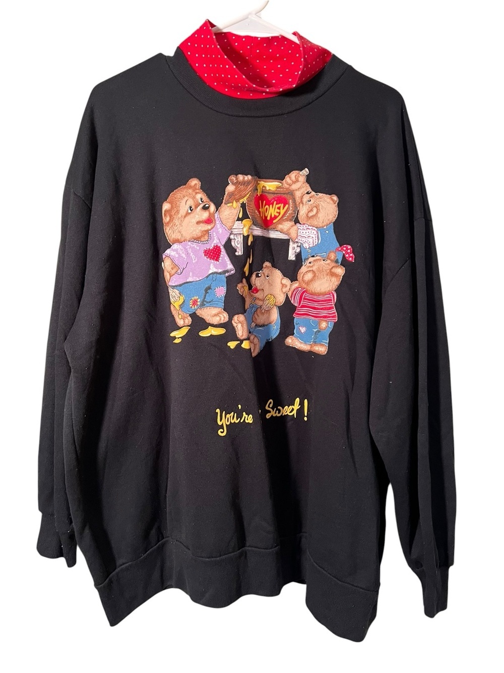 Vintage Basic Editions Womens Mock Neck Sweatshirt Black Bear Honey You're Sweet